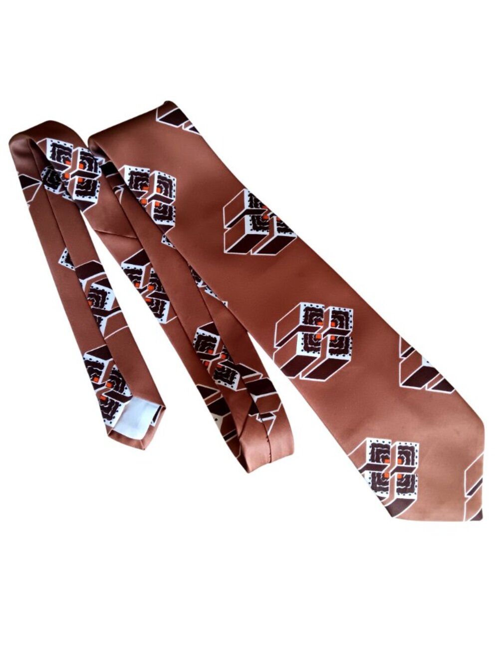 True Vintage Necktie 1970's Mens Brown Tie Geometric 3D Cube 54" Polyester